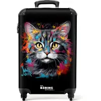 NoBoringSuitcases.com - Handbagage koffer lichtgewicht - Reiskoffer trolley - Kat met kleurrijke penseelstreken - Rolkoffer met wieltjes - Past binnen 55x40x20 en 55x35x25