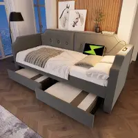 Sweiko Gestoffeerde slaapbank 90x200 cm, met USB Type-C leeslampje en 2 opberglades, bedframe met houten latten, fluweel, grijs