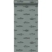 ESTAhome behang pentekening vissen vergrijsd groen en zwart - 53 cm x 10.05 m - 128874