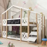 Sweiko Stapelbed - 90 x 200 cm - Kinderbed - Opbergruimte - Met krijtbord - Wit + Natuurlijke