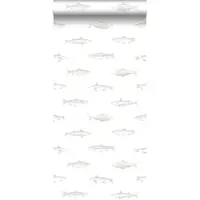 ESTAhome behang pentekening vissen wit en zilver - 53 cm x 10.05 m - 138966