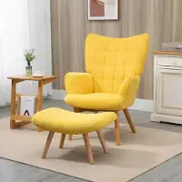 Sweiko Fauteuil - Hoge rug - Kruk - Corduroy - Houten poten - Geel