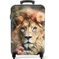 NoBoringSuitcases.com - Handbagage koffer lichtgewicht - Reiskoffer trolley - Leeuwenkop omringd door bloemen - Rolkoffer met wieltjes - Past binnen 55x40x20 en 55x35x25