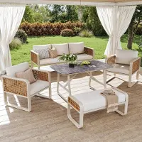 Sweiko Tuinset - 3-zitsbank - 2 fauteuils - Eettafel - Met bank - PE-rotan - Metalen frame - Beige