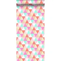 ESTAhome behang driehoekjes roze, turquoise en koraal rood - 53 cm x 10.05 m - 138714