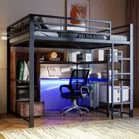 Sweiko hoogslaper, 140x200 cm, metalen bed, met LED-verlichting, bureau, 1 lade, planken, leuning, trap, zonder matras, zwart