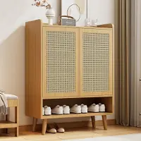 Sweiko Schoenenkast gemaakt van natuurlijk rotan, schoenenkist Schoenenplank met 2-deurs en 5-planken, voor in de hal, Met houten handvatten en massief houten poten