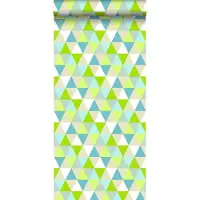 ESTAhome behang driehoekjes limegroen, turquoise en beige - 53 cm x 10.05 m - 138713