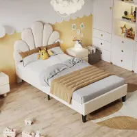 Sweiko Gestoffeerd bed Kinderbed 90 x 200 cm, Bedframe, Gebloemd hoofdeinde en platte noedelsvoet, meisjesbed gemaakt van huidvriendelijke fluwelen stof, gastenbed (kleur: Beige)