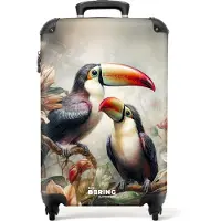 NoBoringSuitcases.com - Handbagage koffer lichtgewicht - Reiskoffer trolley - Tropische toekans op een tak omringd door bloemen - Rolkoffer met wieltjes - Past binnen 55x40x20 en 55x35x25