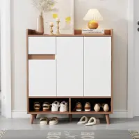 Sweiko Schoenenkast - Verstelbare planken - Met lades - Massief houten poten - Wit + houtkleur