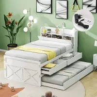 Sweiko Eenpersoonsbed Massief Houten bed Grenen 90x190cm Multifunctionele lade Platte noedelsvoet, nachtkastje met USB-aansluiting, rijke opbergruimte, jeugdbed Wit (Geen matras)