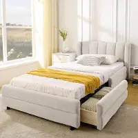 Sweiko Gestoffeerd bed - 90x200 cm - USB-oplaadpoorten - 2 lades - Chenille stof - Beige