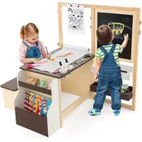 Costway 6-in-1 kinderschilderset, staand bord van hout met dubbelzijdig krijtbord, whiteboard en papierrol, kinderbord in hoogte verstelbaar met bank, planken voor kinderen vanaf 3 jaar (koffie)