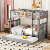 Sweiko 90*200cm Stapelbed, Kinderbed, Driepersoonsbed, Stapelbed met uitschuifbaar bed, Hoge reling, Stabiele trap, Grijs