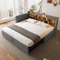 Sweiko Slaapbank - 90/180 × 200 cm - Uitschuifbaar bedontwerp - USB + Type-C - Opbergruimte - Linnen - Grijs