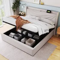 Sweiko Gestoffeerd bed Dubbele opbergbeddoos met USB type C oplaadfunctie Hoofdbord, Opslagbedden Linnen materiaal bedframe Jeugdbed 160x200 met lattenrost (Zonder matras)