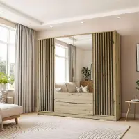 Lookway Kledingkast met draaideuren, vierdeurs, model NELA, met lamellen van eikenhout "Artisan" en zwarte accenten, inclusief spiegels, hoogte 206 cm