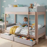 Great han Stapelbed 90x200 cm, kinderbed met 2 lades, antikollisie randen, trap en valbeveiliging, grijs, naturel. Zonder matras