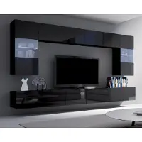 Ravio Wandmeubel Amanda I, breedte 300 cm, wandmeubel van de fabrikant, modern wandmeubel, mediameubel (zwart / zwart hoogglans)