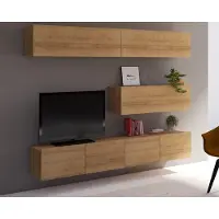 Ravio Woonwand Amanda V, woonkamer set, moderne wandmeubel, schuifdeurkast, mediameubel (eikenhout, gouden tint)