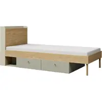 Furniture24 Bett Yuki Y13, bedframe met lattenbodem, 90x200 cm, in de kleuren grijsbeige/geolied eikenhout/eucalyptus