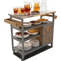 Coemo JAMES houten serveerwagen, keukeneilandwagen met vergrendelbare wielen, roestvrijstalen tafelblad, ook ideaal voor tuin, terras en barbecues 118 x 47 x 92 cm, Grijs