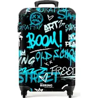 NoBoringSuitcases.com - Handbagage koffer lichtgewicht - Reiskoffer trolley - Street art kunstwerk met blauwe teksten - Rolkoffer met wieltjes - Past binnen 55x40x20 en 55x35x25