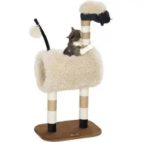 PawHut Kratzbaum 98 cm Katzenbaum mit Kratzpfosten, Tunnel, Spielball, Katzenkratzbaum im Schaf-Design, für Katzen bis 5 kg, Hellbraun