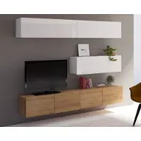 Ravio Wandmeubel Amanda V, woonkamer set, modern wandmeubel, schuifdeurkast, mediameubel (wit + wit glanzend / eikenhout in goudtint)