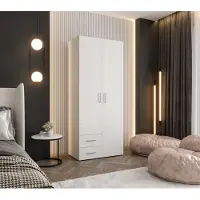 Caspian24 Kledingkast wit, 80 cm – Draaiduurskast, 190x80x48 cm – met kledingstang, legplanken en 2 lades – slaapkamerkast