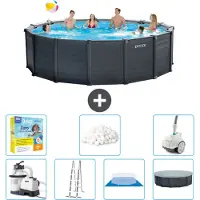 Intex runder zwembad met grafietgrijs paneel – 478 x 124 cm – inclusief pomp, ladder, bodemzeil, afdekking, onderhoudspakket, filterballen en stofzuiger