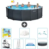 Intex runder zwembad met grafietgrijs paneel – 478 x 124 cm – inclusief pomp, ladder, bodemzeil, afdekking, onderhoudspakket, filterballen en reinigingsset