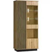 Bettso Vitrinekast Lamelo, 90 cm, met LED-verlichting. Glazen vitrinekast, vrijstaand model, met draaideuren en glazen legplanken. Eikenhout, afwerking Wotan, zwart mat. Modern design