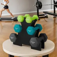Songmics Halterset – Neopreen – Limegroen, Tealgroen, Lichtgrijs – Antislip zeshoekig ontwerp, inclusief standaard, 2 x 1 kg, 2 x 2 kg, 2 x 3 kg