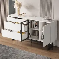 MODFU Keukenkast, opbergkast met drie lades, dressoir met LED-verlichting en glazen deuren, geschikt voor eetkamer en woonkamer, wit
