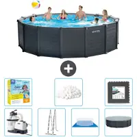 Intex runder zwembad met grafietgrijs paneel – 478 x 124 cm – inclusief pomp, ladder, bodemzeil, afdekking, onderhoudspakket, filterballen en bodemtegels