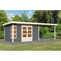 Karibu tuinhuis, tuinhuisje, model Kastorf 7, in een set met een aanbouwoverkapping, breedte 3,2 meter, kleur terragrau, afmetingen 655x244x222 cm
