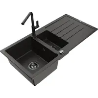 Mexen Andres granieten spoelbak 1,5-komorige met afdruiprek en keukenkraan Flora, zwart/goud - 6515-75-670401-70-B