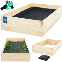 KOTARBAU Moestuinbak, Verhoogd Tuinbed, Vurenhout, 120 x 80 x 27 cm, Natuurlijk, Plantenbed, met Vlies en Handschoenen met Klauwen, Groentebed, Bloembak Hout Buiten