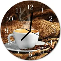 Tulup Wandklok - Koffiebonen Decoratieve Glazen Klok - 30fi cm - Bruin Glazen Wandklok Design - Witte Handen - Ronde Wandklok - Glazen Wandklok Design - Klok Glas Met Opdruk