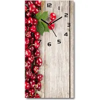 Tulup Wandklok - Kersen op hout Moderne Wandklok Glas - 30x60 cm - Rood Wandklok Glas Decoratie - Zwarte handen - Rechthoekige Klok - Glazen Wandklok Design - Klok Glas Met Opdruk