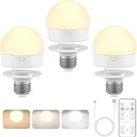 ROSNEK 3 stuks oplaadbare LED-lampen, E27 fitting, 3 kleurtemperaturen, dimbaar, batterijbediend, nachtlamp met afstandsbediening