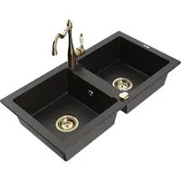 Mexen Mario granieten dubbele spoelbak met keukenmengkraan Carla, zwart/goud metallic - 6504-75-670700-50