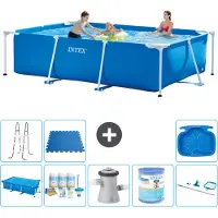 Intex Rechthoekig Frame Zwembad - 300 x 200 x 75 cm - Blauw - Inclusief Solarzeil - Onderhoudspakket - Zwembadfilterpomp - Filter - Schoonmaakset - Ladder - Voetenbad - Vloertegels - 9-delig