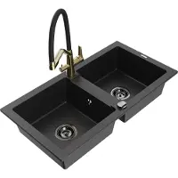 Mexen Mario granieten gootsteen 2-delig met Duo keukenmengkraan, zwart/zilver metallic - 6504-73-671701-57-B