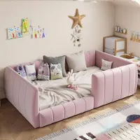 OKWISH Gestoffeerd Bed 90x200 cm - Met Veiligheidshekje en Rugleuning - Zonder Matras - MDF en Linnen - Roze