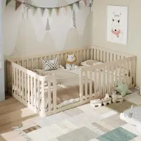 Flieks kinderbed, 90x200 cm, met valbeveiliging, laag bed, speelbed zonder lattenbodem, kinderbed, eenpersoonsbed, houten bed met omheining, crème kleur