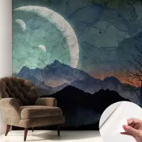 Coloray Zelfklevend Behang - Nachtlandschap Zelfklevend fotobehang - 250x250 cm - Blauw Zelfklevend Behang - Voor de woonkamer, slaapkamer en kantoor - Peel-and-stick techniek - Stickerbehang op rol