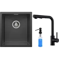 CECIPA MAX Spoelbakken Keuken 40x44cm - Spoelbak Keuken Met Keukenkraan Met Uittrekbare Uitloop en Zeepdispenser 300ML - Enkele spoelbak van roestvrij staal - Spoelbakken met Afdruip - Antraciet